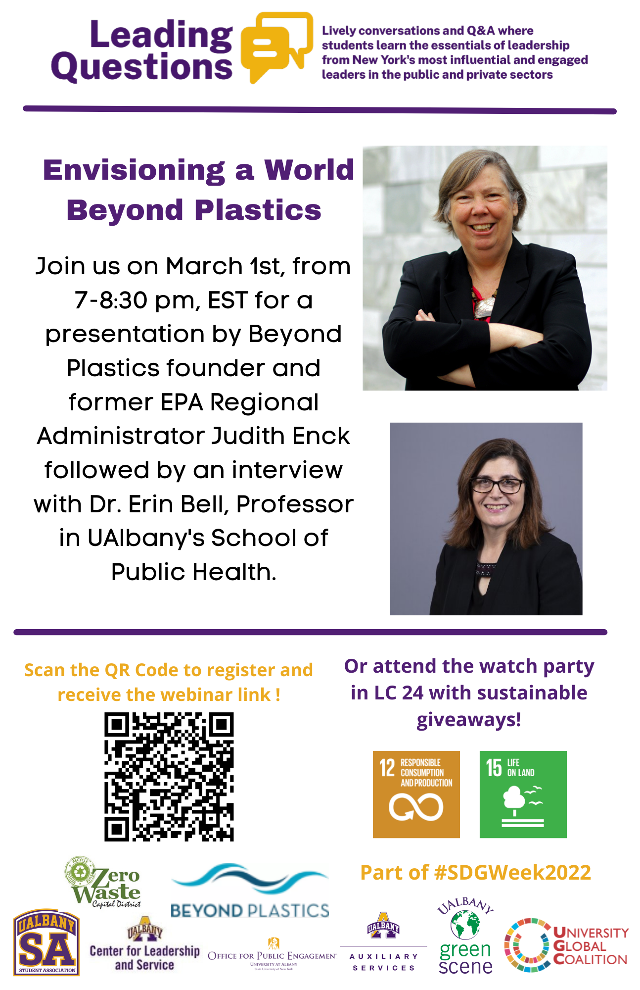 Envisioning a World Beyond Plastics | University of Albany’s Leading Questions Series Welcomes Judith Enck